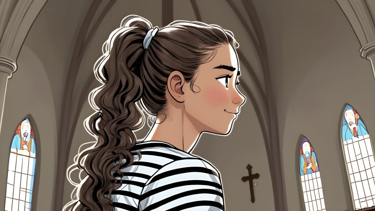 5 Reasons Why Our God Is an Awesome God - A girl with long and curly hair tied in a ponytail, wearing a striped shirt, sitting, looking up inside a church
