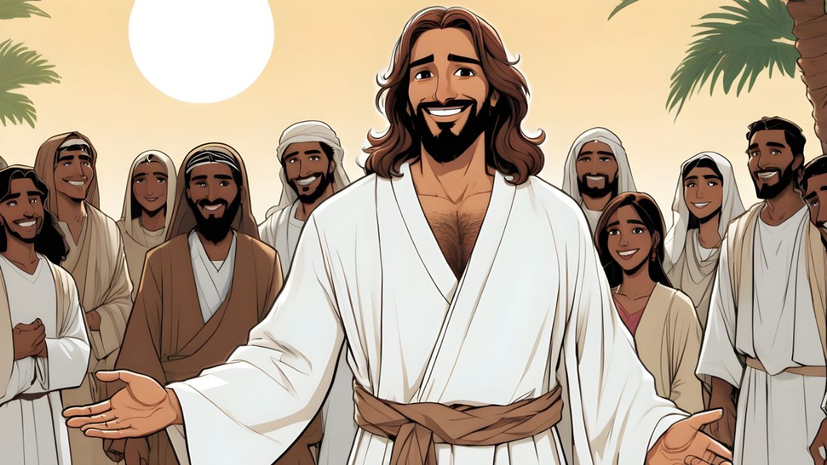 A group of people with an average age of 30 and average race of Middle Eastern, with a smiling Jesus with long brown hair and beard, wearing a white robe , extending his beautiful hand forward, standing in front of the group in an outdoor, sunlit setting