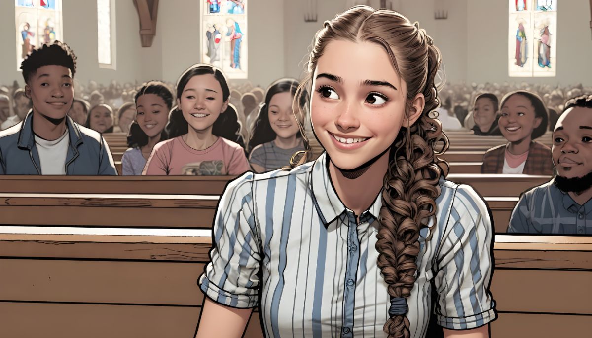Lenten Season: A Period for Real Spiritual Fasting: A girl with long and curly hair tied in a ponytail, wearing a striped shirt, sitting, at church with happiest mood